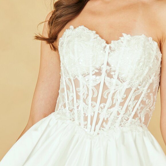 New Strapless Mini Off White Wedding Dress w/ Floral Lace Applique AC 5081S - Picture 4 of 11